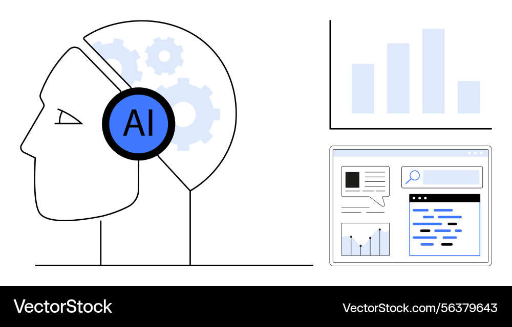 Ai-powered brain with gear graphics analyzing data Ai-powered brain with gear graphics analyzing data vector image