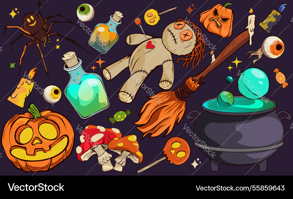 Cartoon halloween stickers magic and witchcraft Cartoon halloween stickers magic and witchcraft vector image