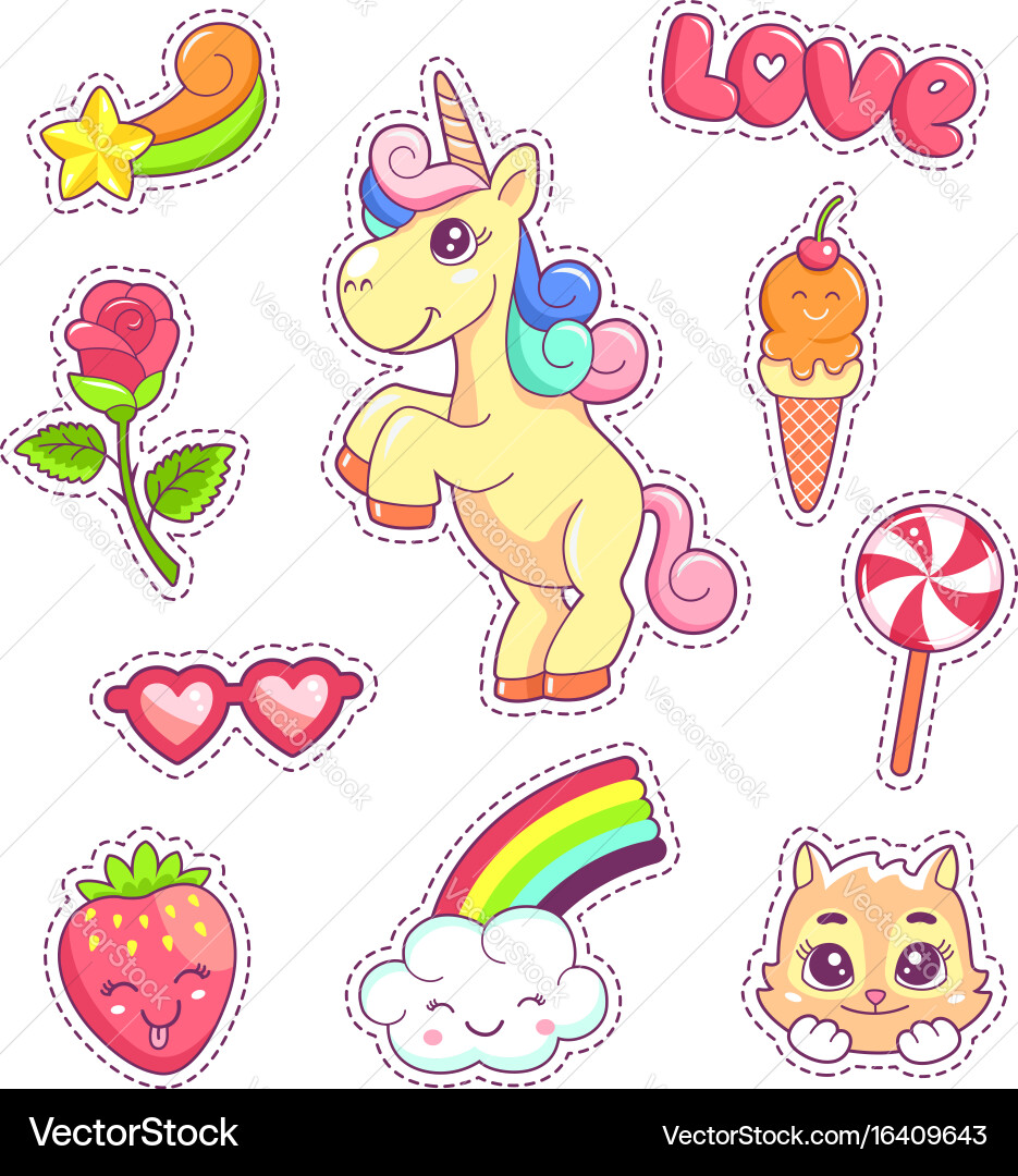 Cute Pop Art Stickers - Unicorn & Rainbow Vector Image