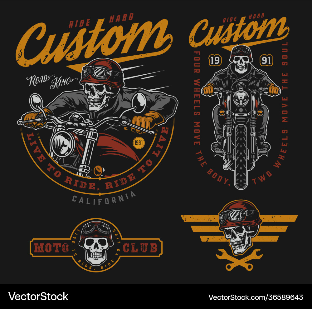 Motorcycle Skull & Gears Label Set Vector Image
