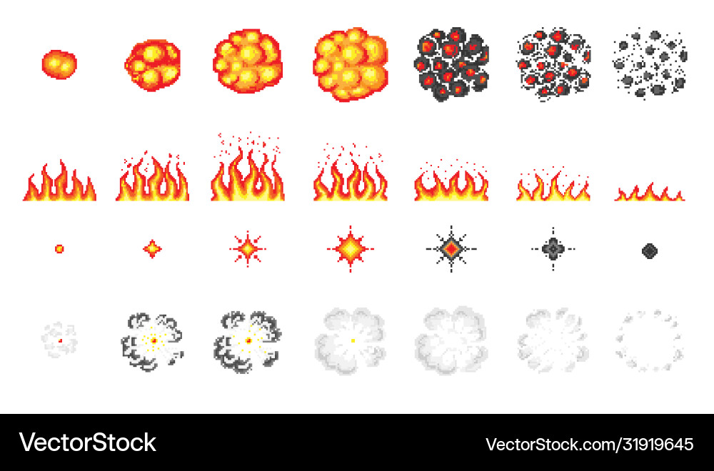 Nuclear explosion pixel art 8 bit fire objects Nuclear explosion pixel art 8 bit fire objects vector image