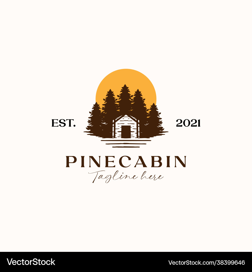 Cabin with pine tree sunset logo template Cabin with pine tree sunset logo template vector image