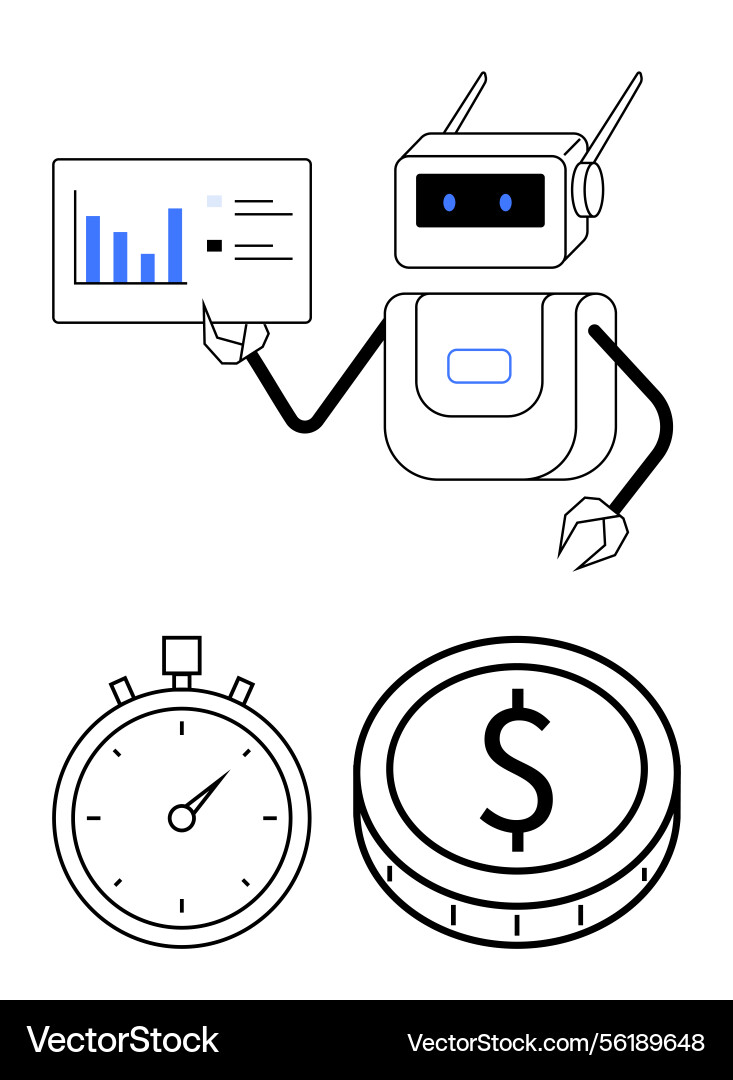 Robot presenting data with stopwatch and coin Robot presenting data with stopwatch and coin vector image