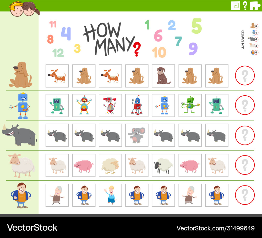 Counting task for kids with funny characters Counting task for kids with funny characters vector image