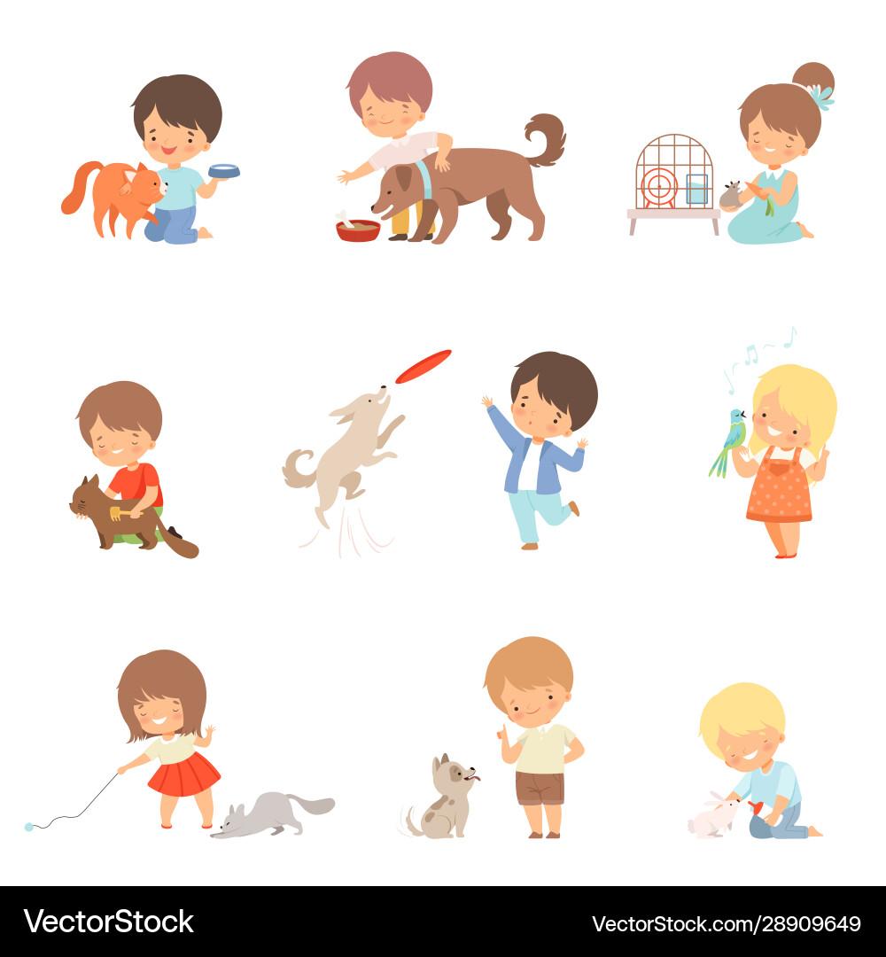 Little children taking care domestic animals Vector Image