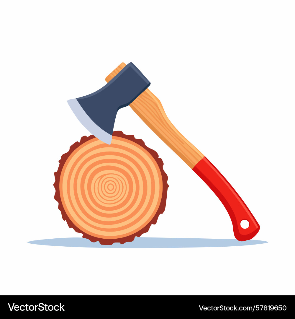Axe with red handle stuck in cross section Vector Image