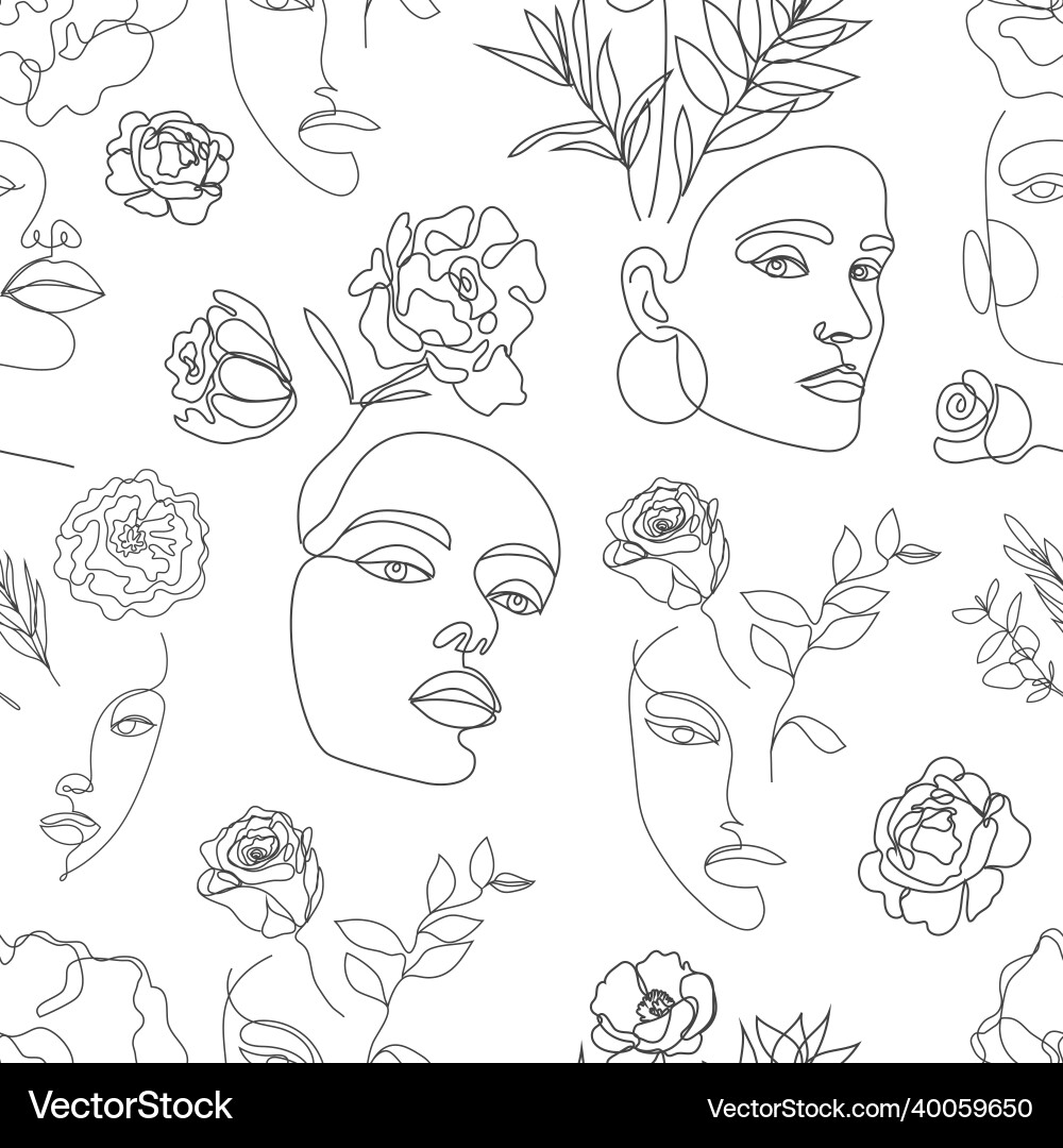 Floral Woman Line Art Pattern Vector Image