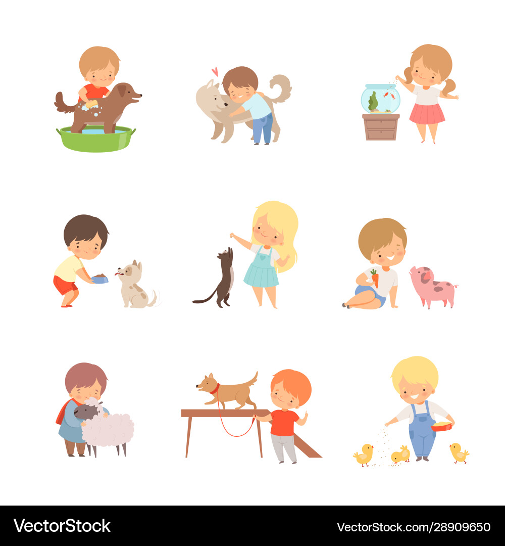 Little children taking care domestic animals Vector Image