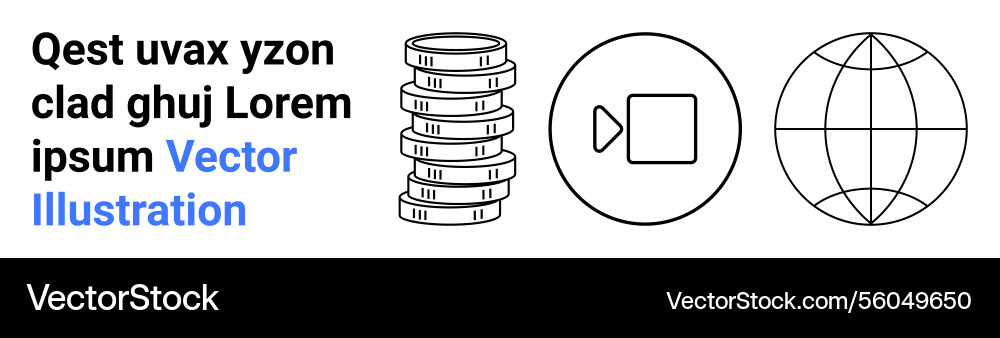 Stack of coins media play button and globe Stack of coins media play button and globe vector image