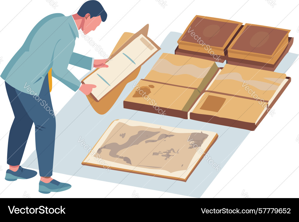 Person examining old maps and scrolls archival Vector Image