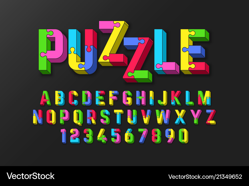 Puzzle 3d font jigsaw alphabet and numbers