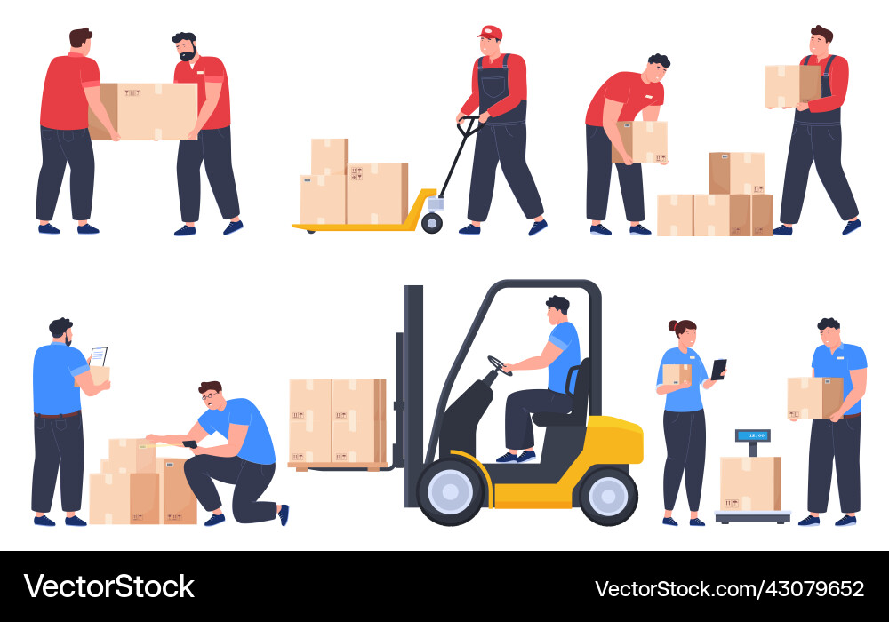 Warehouse workers carry parcel boxes delivery Warehouse workers carry parcel boxes delivery vector image