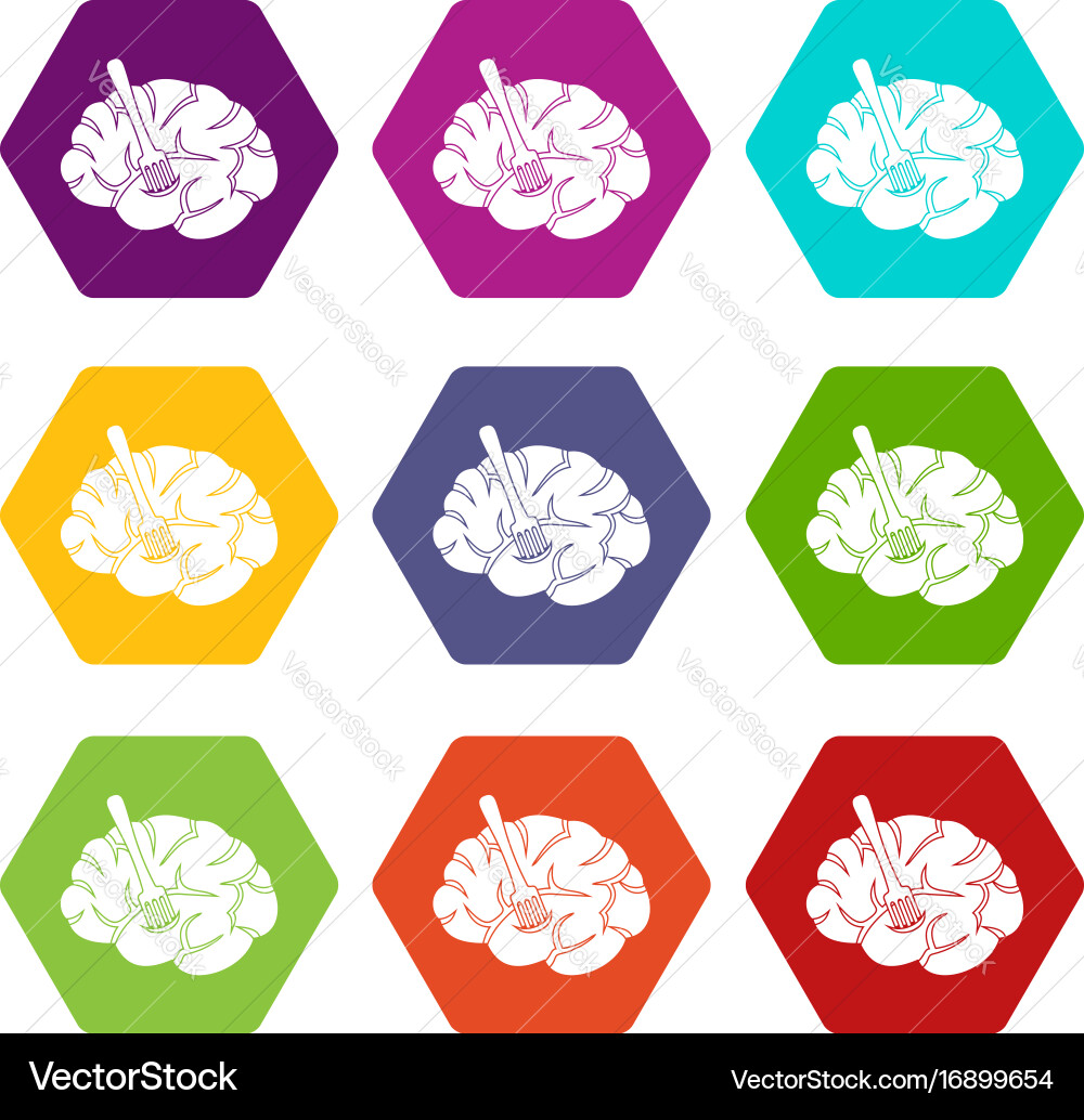 Fork is inserted into the brain icon set color vector image