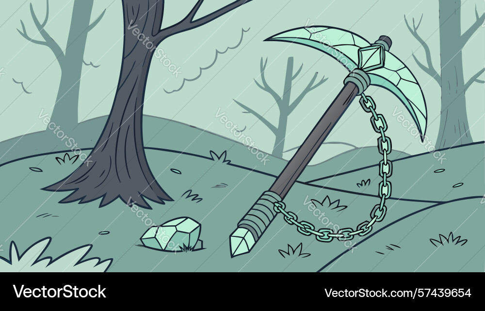 Pickaxe with chains in misty forest design Vector Image