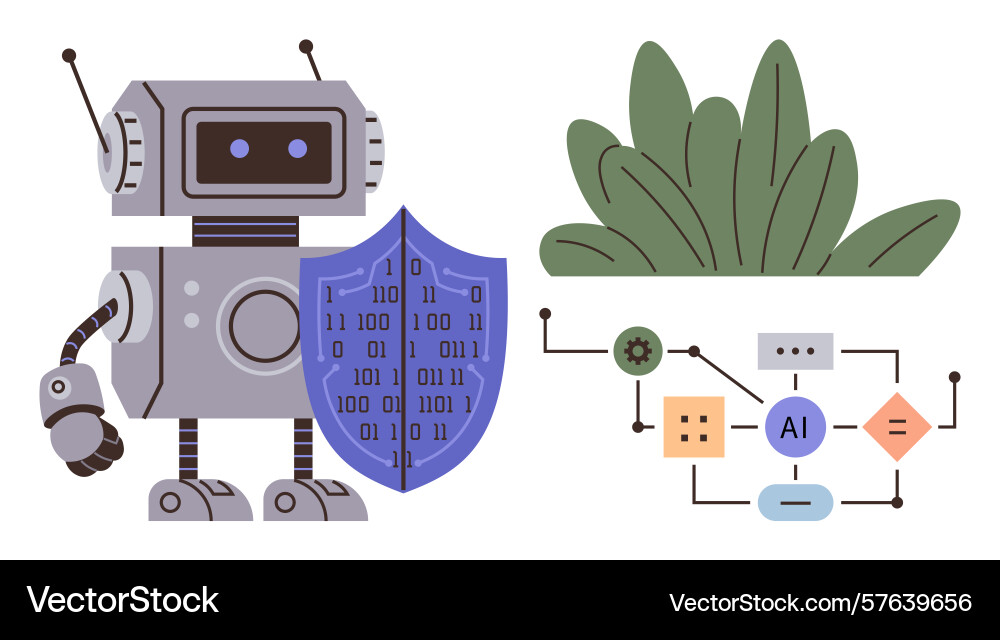 Robot with shield safeguarding data ai diagram Robot with shield safeguarding data ai diagram vector image