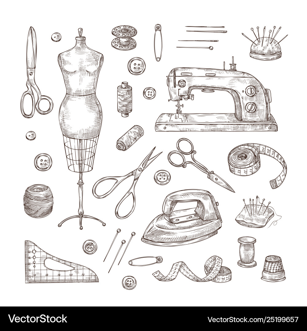 Sewing sketch tailor shop hand drawn tool Sewing sketch tailor shop hand drawn tool vector image
