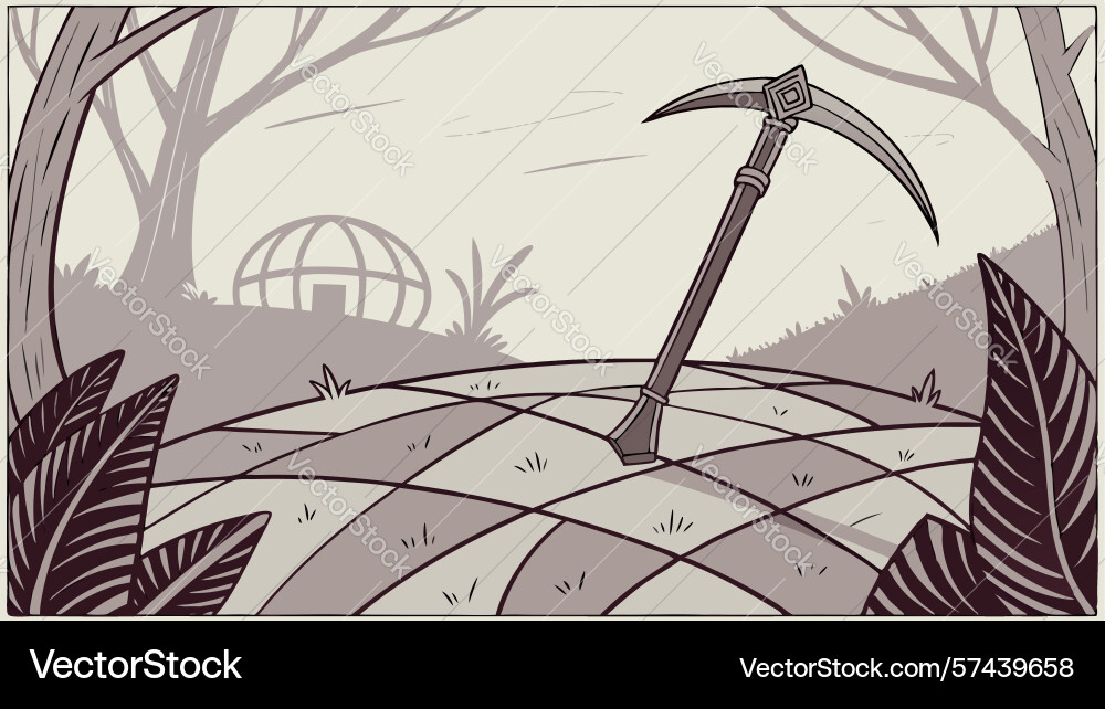 Pickaxe with chains in empty forest clearing Vector Image