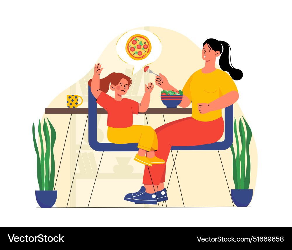Tochter weigert sich Mutter zu essen gibt ihr Tochter weigert sich Mutter zu essen gibt ihr vektorbild