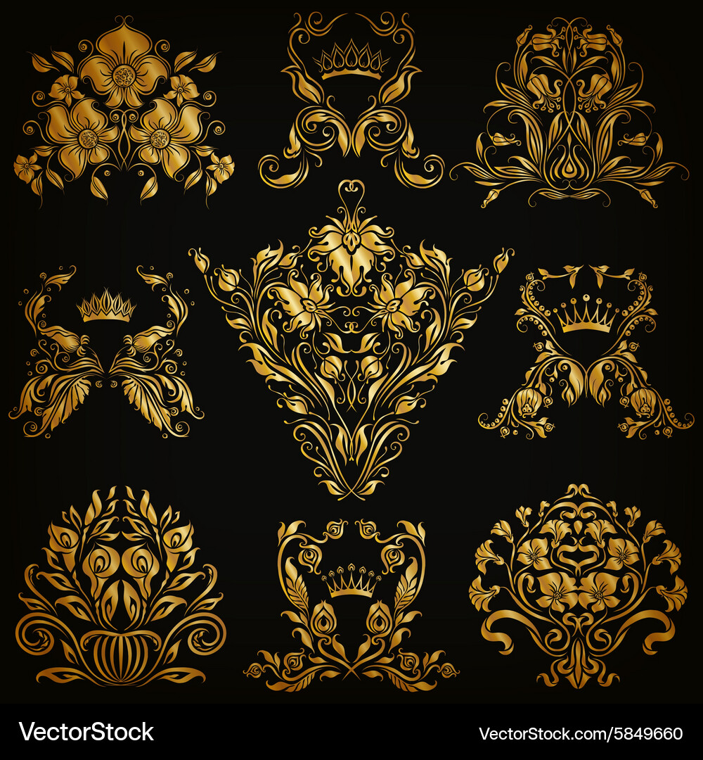Ornate Gold Damask Floral Set Vector Image