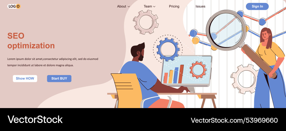 Seo optimization web concept team sets up search Seo optimization web concept team sets up search Vector Image