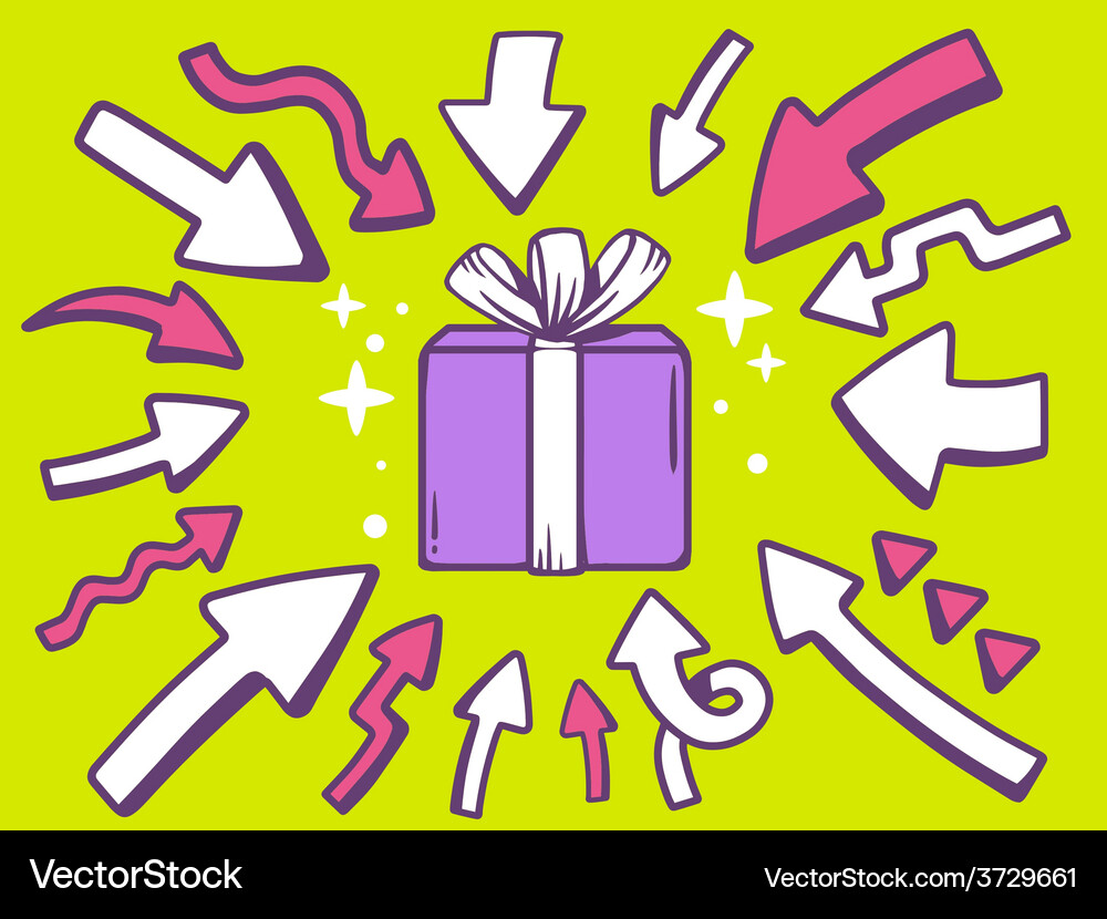 Arrows point to icon of gift box on green Vector Image