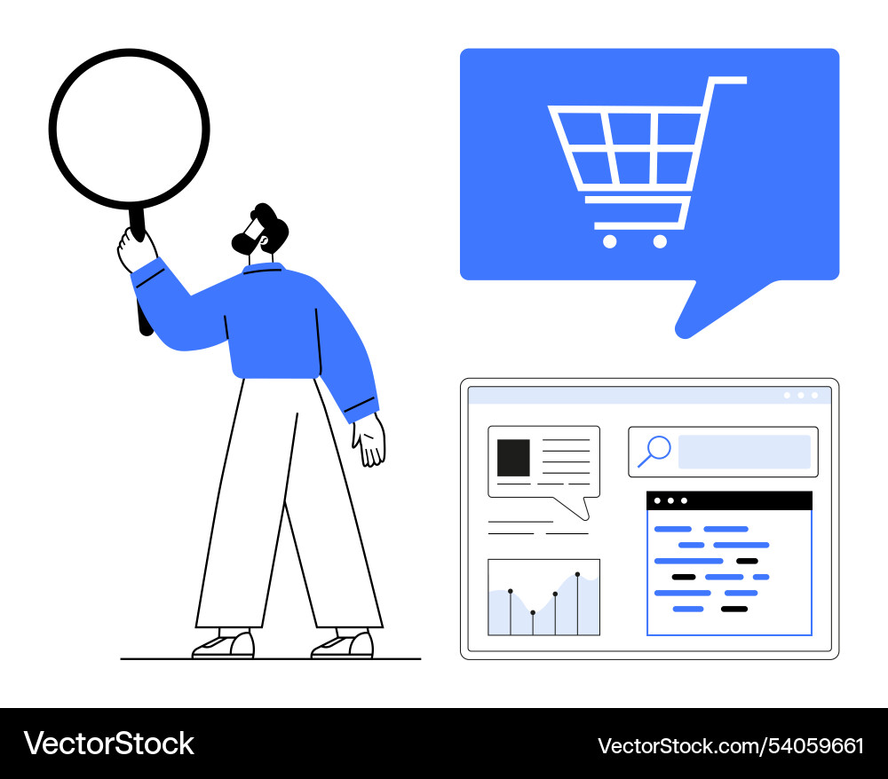 Man examining e-commerce analytics with large Man examining e-commerce analytics with large vector image