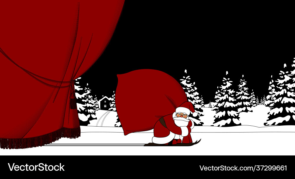 Red curtain and santa claus ski carrying a big vector image