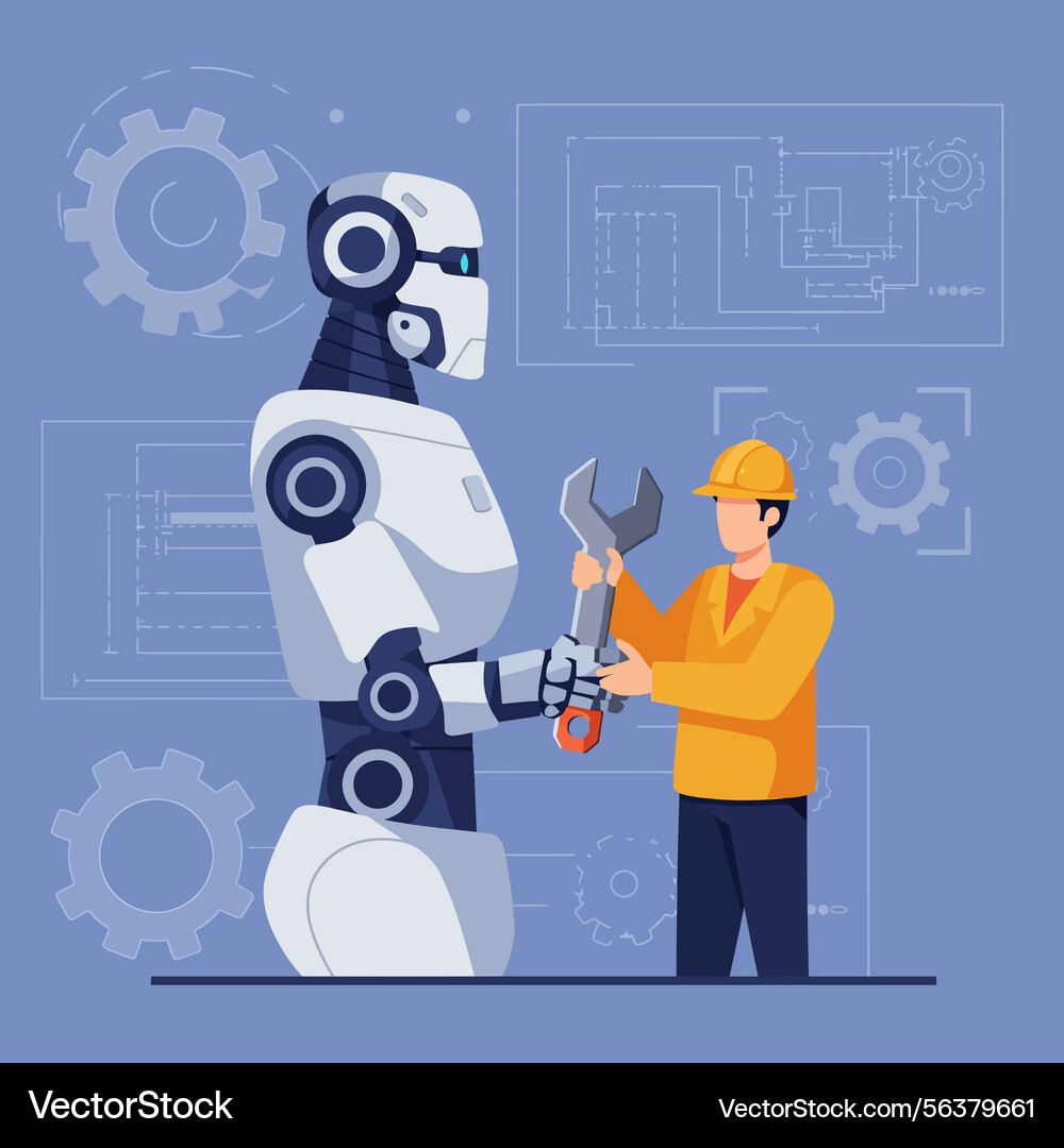 Robot and engineer collaborating on mechanical Vector Image