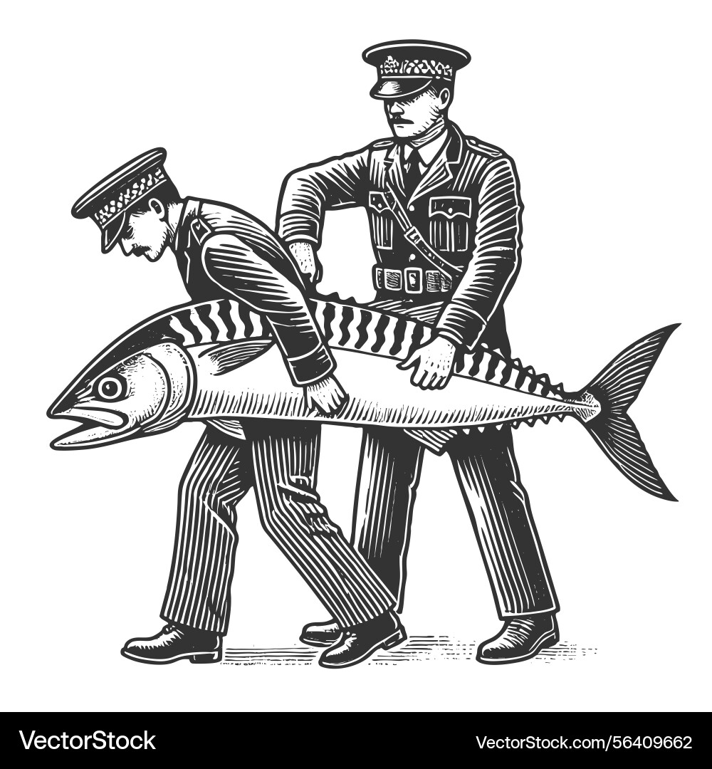 Police officers arrested mackerel fish engraving Vector Image