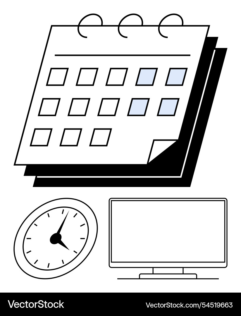 Calendar clock and computer monitor representing Calendar clock and computer monitor representing Vector Image