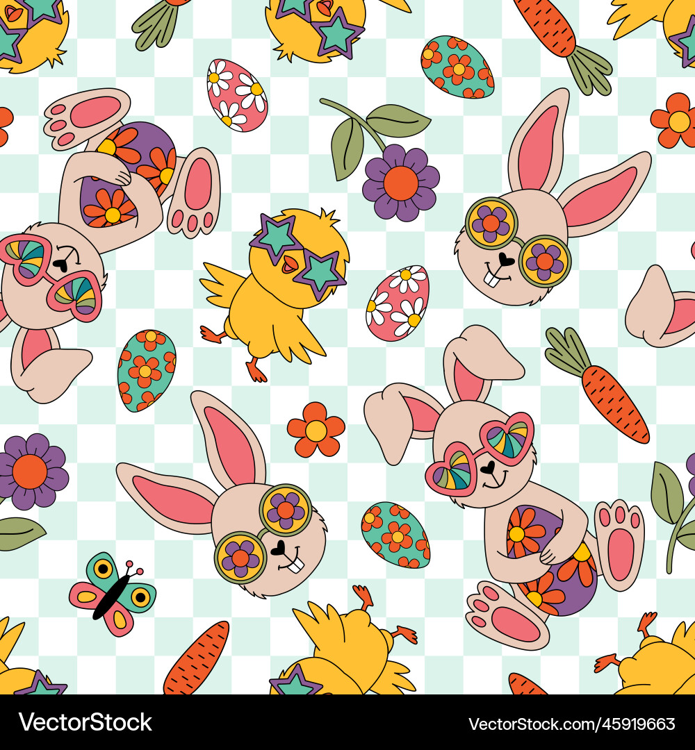 Cheerful Easter Pattern with Rabbits and Chicks vector image