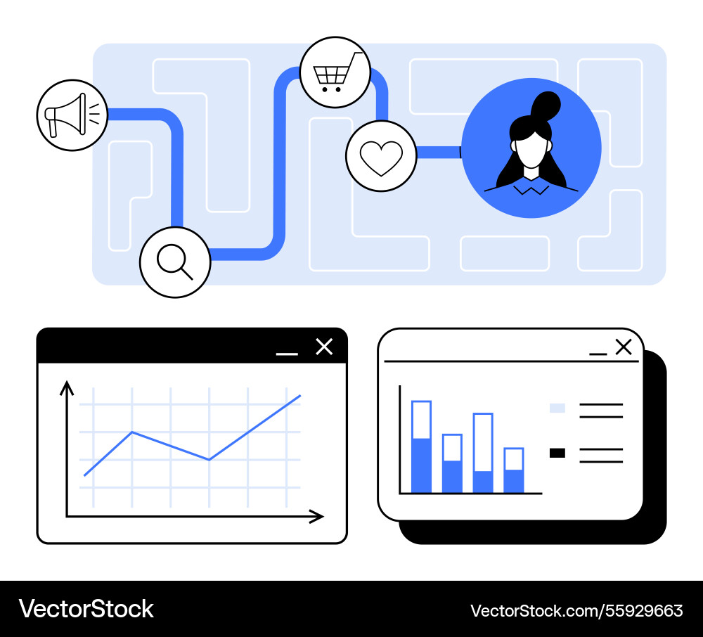 Data-driven customer journey with analytics charts Data-driven customer journey with analytics charts vector image