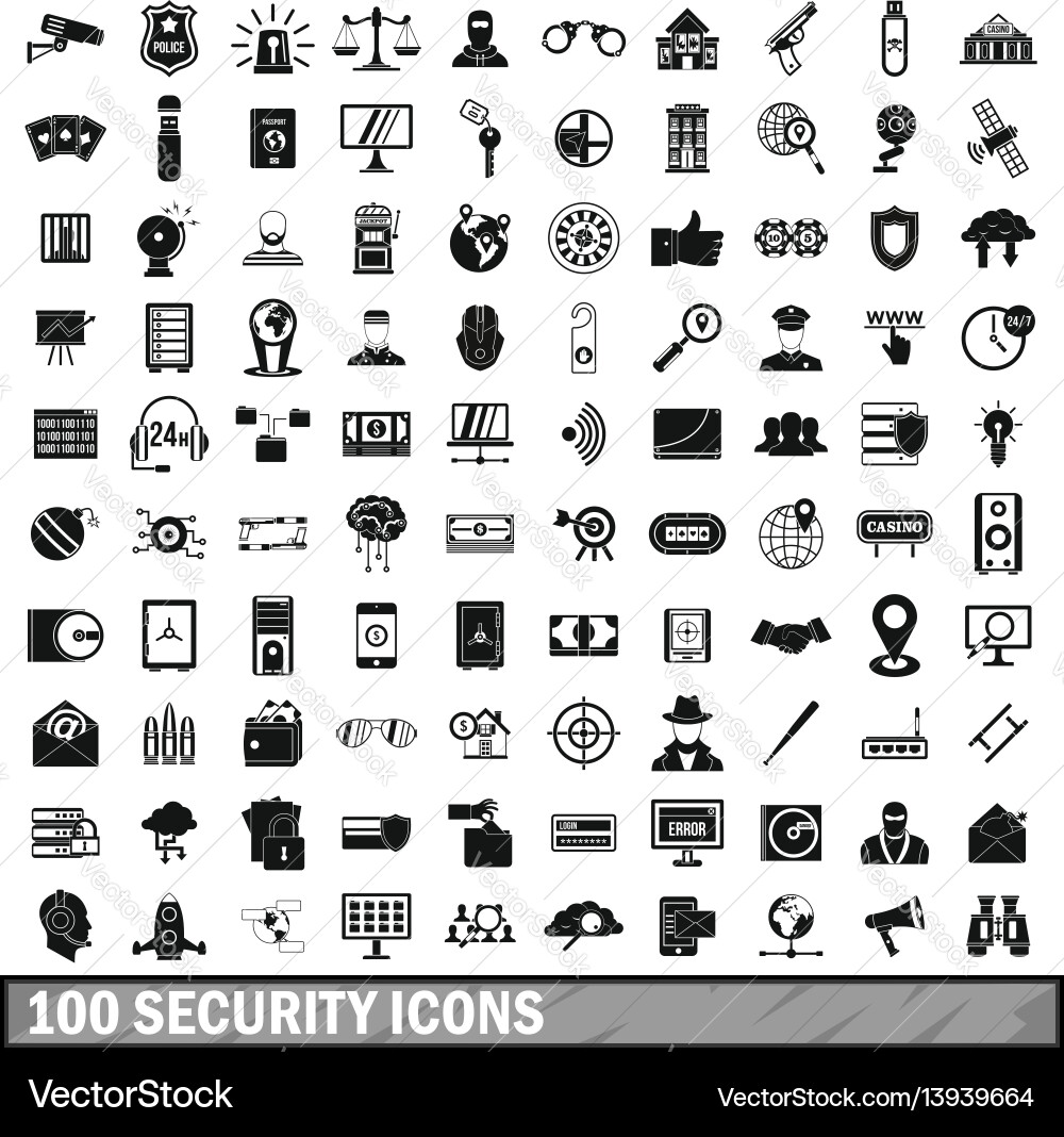100 security icons set simple style 100 security icons set simple style vector image