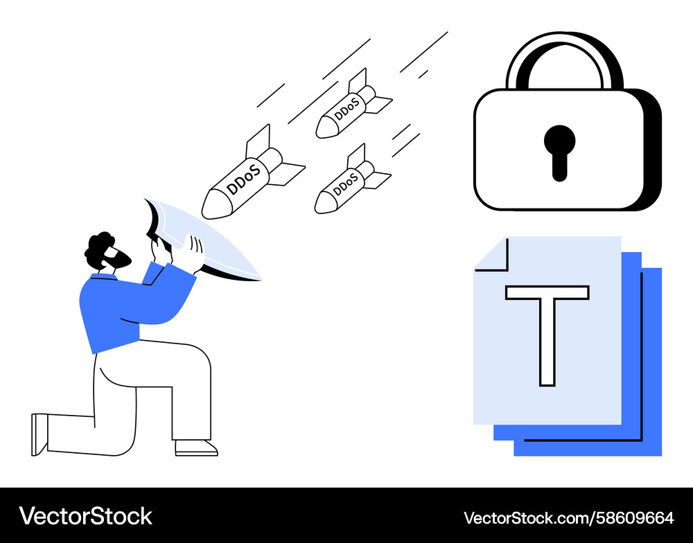 Man defending against ddos attacks with shield Man defending against ddos attacks with shield Vector Image