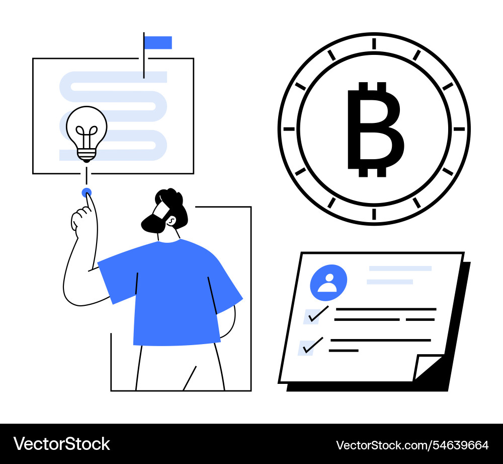 Man pointing at light bulb document with tick Man pointing at light bulb document with tick Vector Image