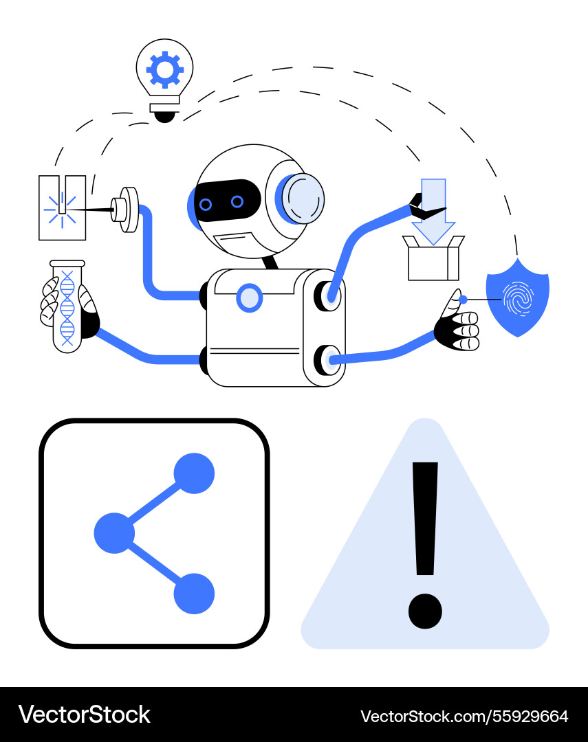 Multifunctional robot performing tasks with tools Multifunctional robot performing tasks with tools vector image
