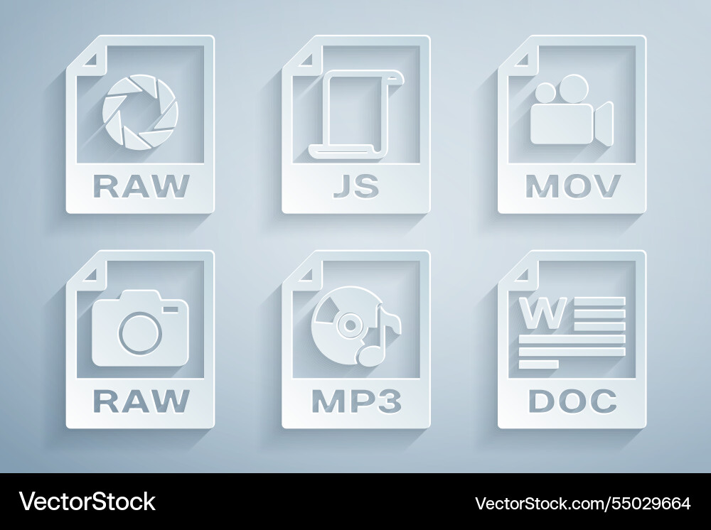 Set mp3 file document mov raw doc js and icon Set mp3 file document mov raw doc js and icon vector image