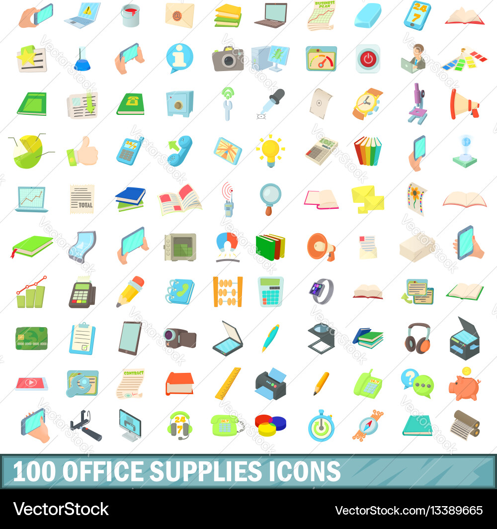 100 office supplies icons set cartoon style 100 office supplies icons set cartoon style Vector Image