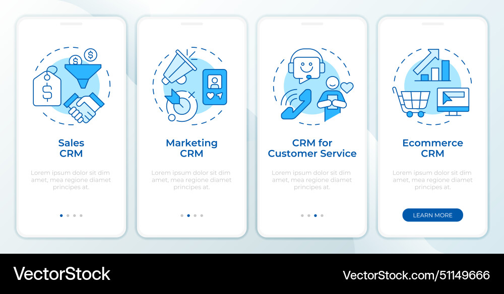 Crm system types blue onboarding mobile app screen Crm system types blue onboarding mobile app screen vector image