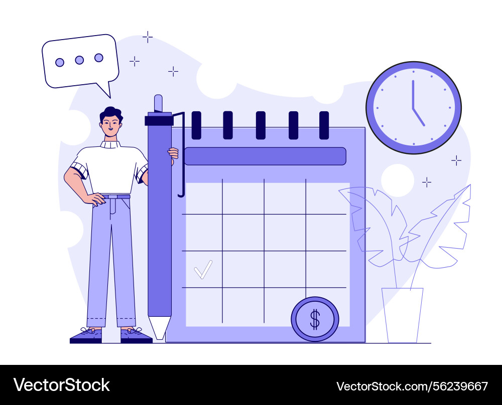 Man planning schedule with large calendar Man planning schedule with large calendar vector image