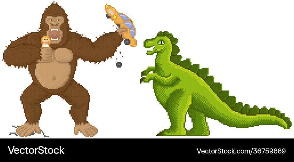 King kong and godzilla in pixel-game layout design King kong and godzilla in pixel-game layout design vector image