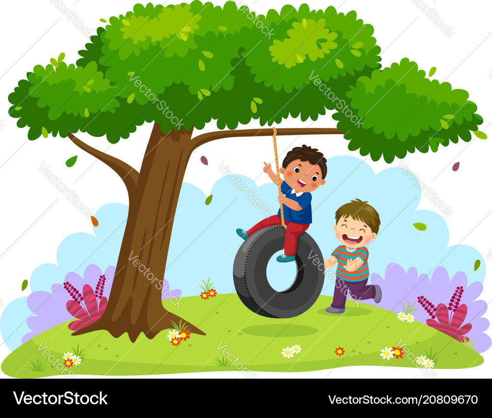 Glücklich zwei Jungs spielen Reifen Schaukel unter dem Baum Glücklich zwei Jungs spielen Reifen Schaukel unter dem Baum vektorbild