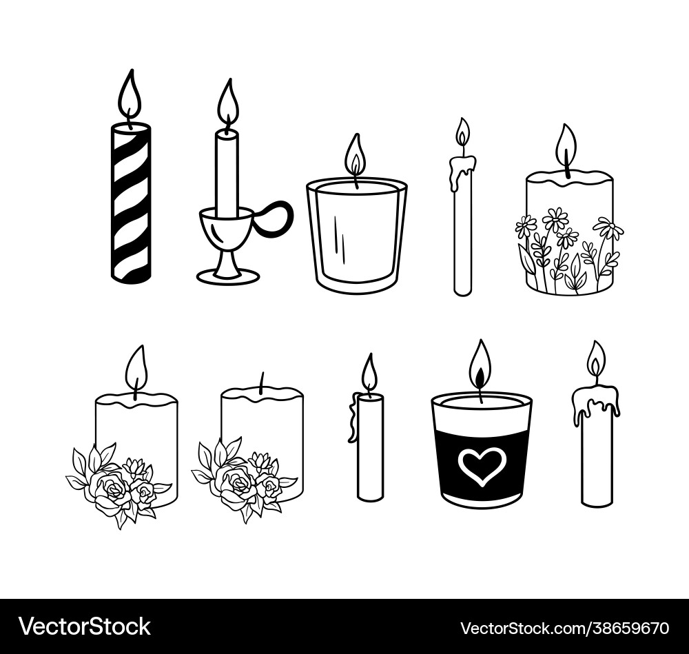 Kerze mit Blumen Hand gezogen Set Brennen Kerze mit Blumen Hand gezogen Set Brennen vektorbild