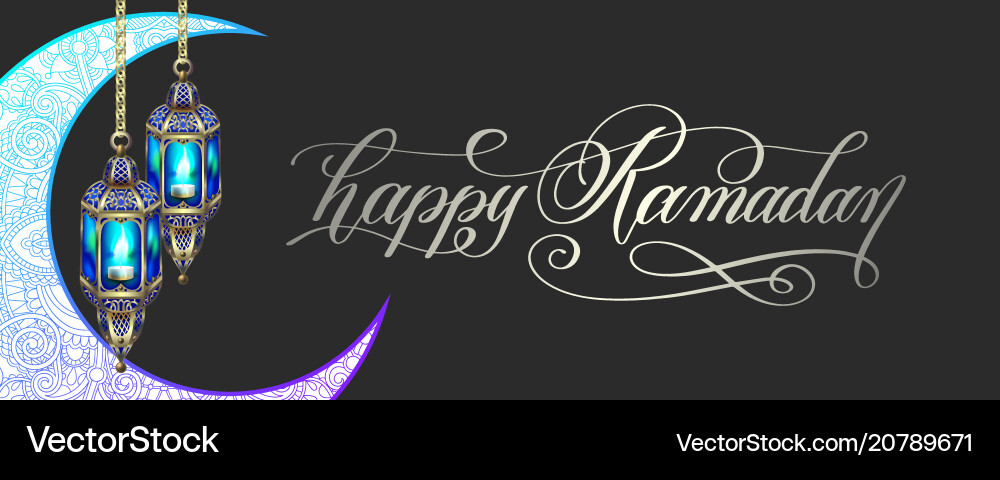 Ramadan greeting card with moon lantern and hand vector image