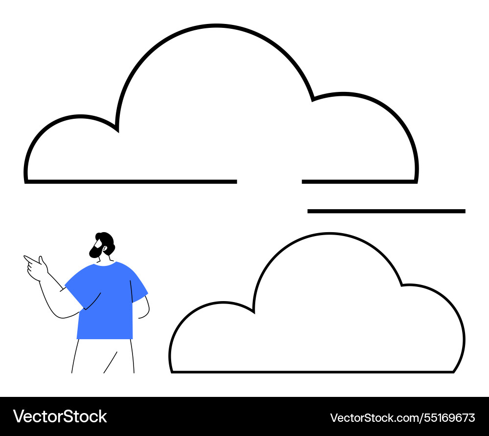 Man pointing to cloud outlines symbolizing Man pointing to cloud outlines symbolizing vector image
