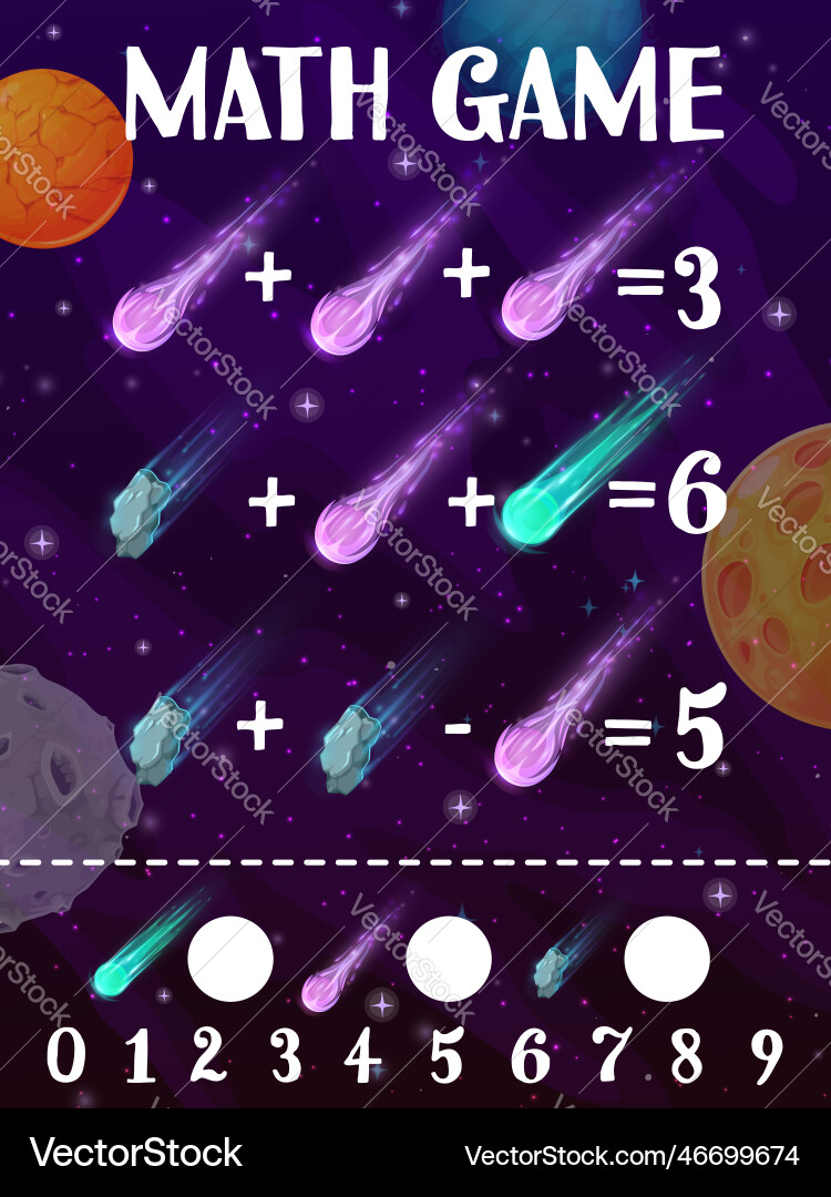 Math game worksheet cartoon comets asteroids Vector Image