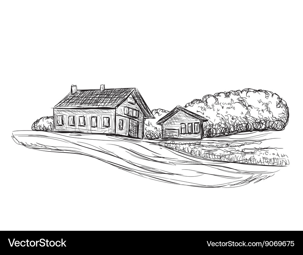 Landscape with fields and building sketch Vector Image