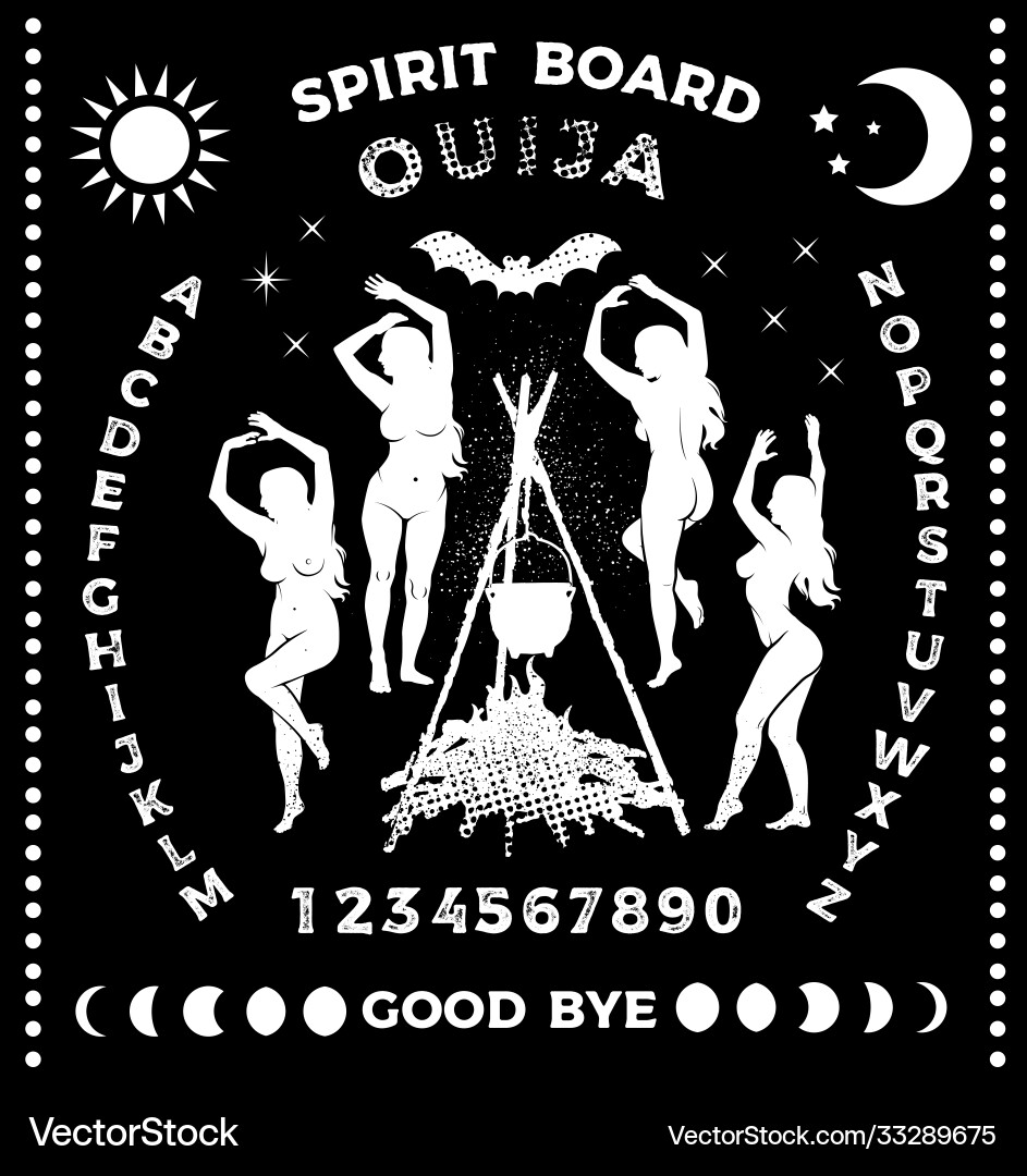 Ouija board with witches dancing near a campfire Ouija board with witches dancing near a campfire vector image