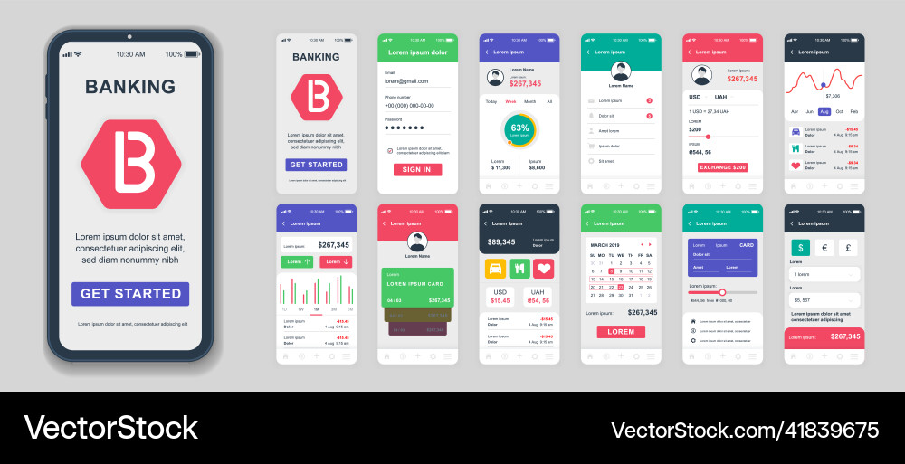 Set of ui ux gui screens banking app flat design Set of ui ux gui screens banking app flat design Vector Image