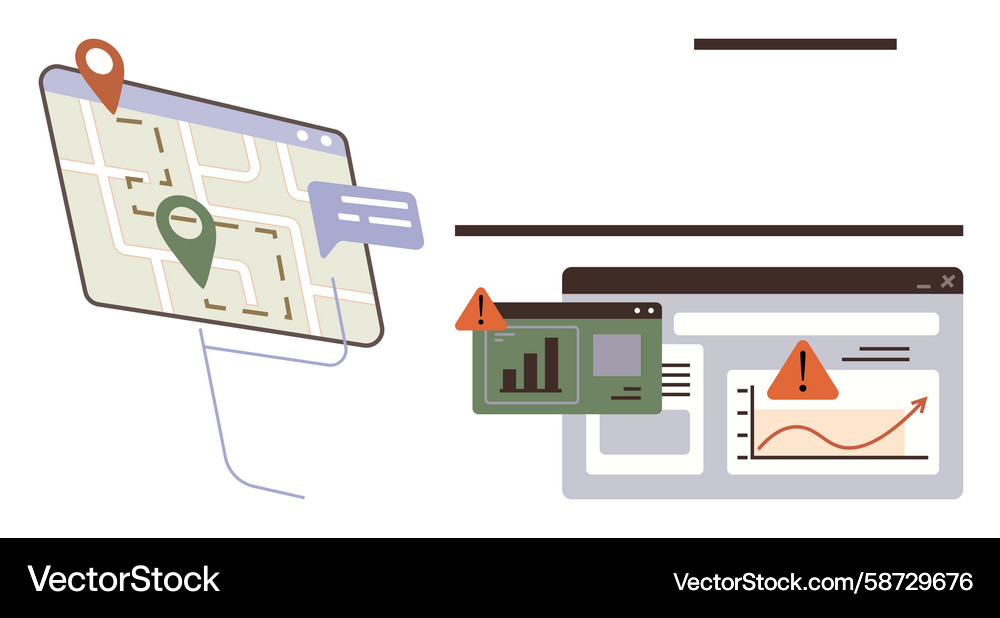 Map and data dashboards highlighting alerts Map and data dashboards highlighting alerts Vector Image